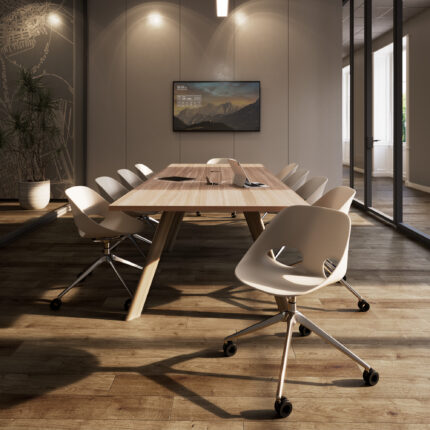 paces angled leg conference table, nerita poly shell chair, power access